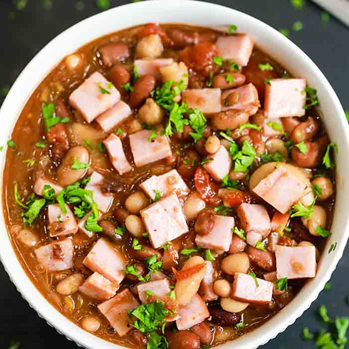 15 bean soup with ham in a white bowl