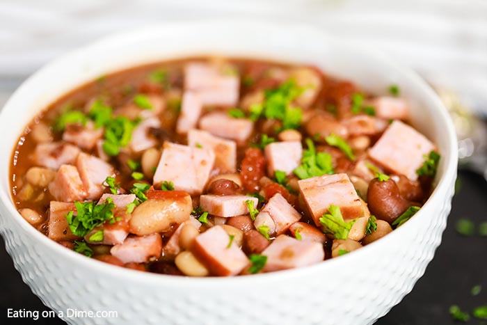 15 bean soup with ham in a white bowl