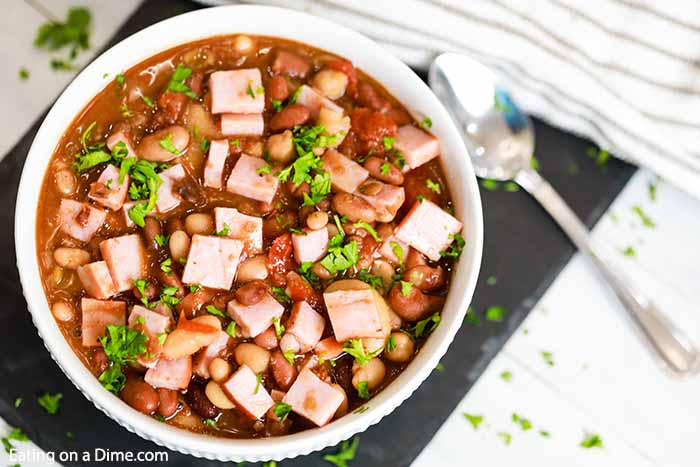 15 bean soup with ham in a white bowl