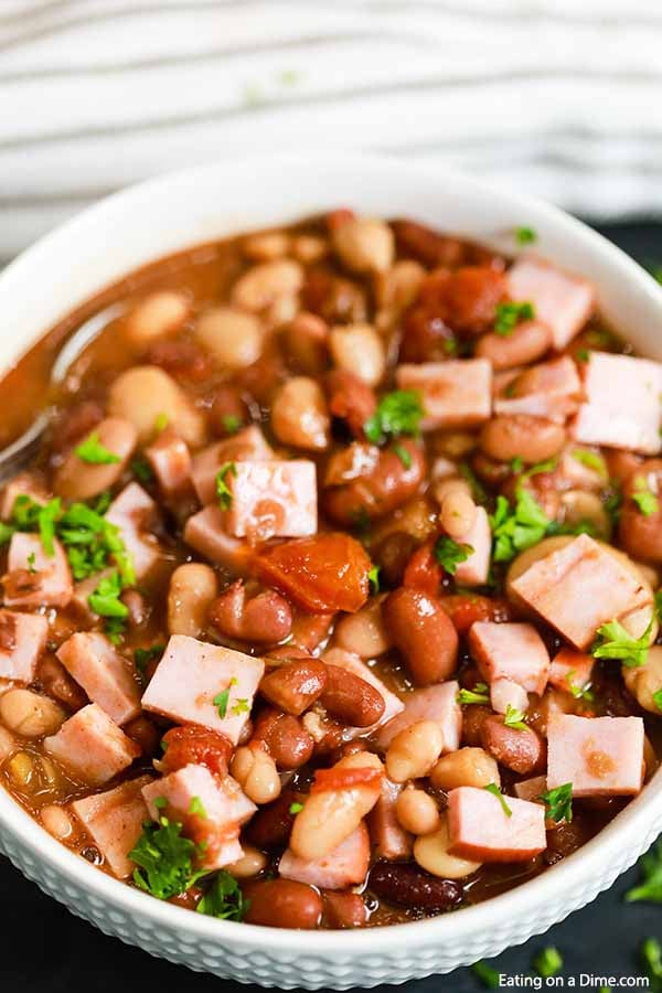 15 bean soup with ham in a white bowl