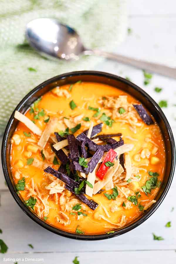 Bowl of crock pot creamy chicken tortilla soup topped with tortilla strips and cilantro. 