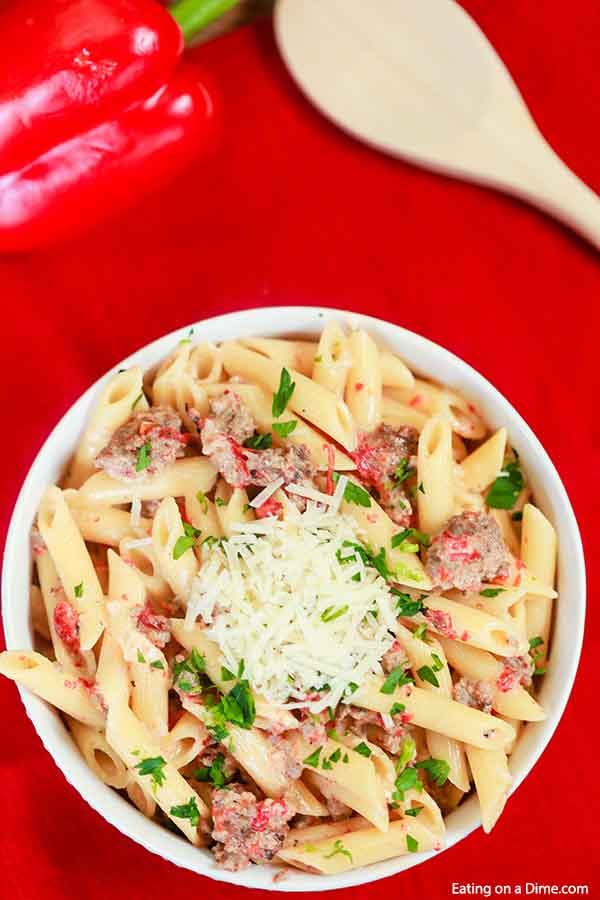 Roasted Red Pepper Italian Sausage Pasta in a bowl. 