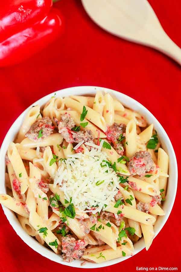 Roasted Red Pepper Italian Sausage Pasta in a bowl. 