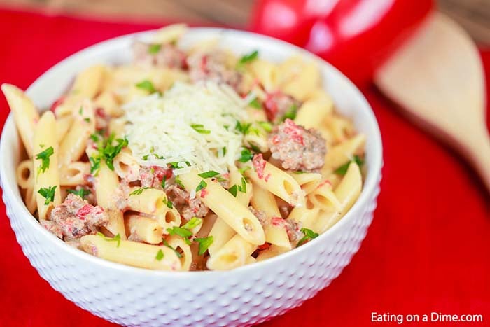 Roasted Red Pepper Italian Sausage Pasta in a bowl. 