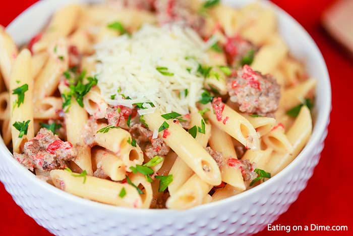 Roasted Red Pepper Italian Sausage Pasta in a bowl. 