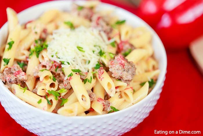 Roasted Red Pepper Italian Sausage Pasta in a bowl. 