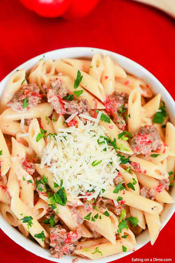 Roasted Red Pepper Italian Sausage Pasta in a bowl. 