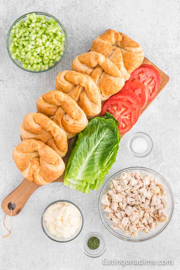 Ingredients needed - shredded chicken breast, cucumbers, mayonnaise, dill, croissants rolls, lettuce and tomatoes