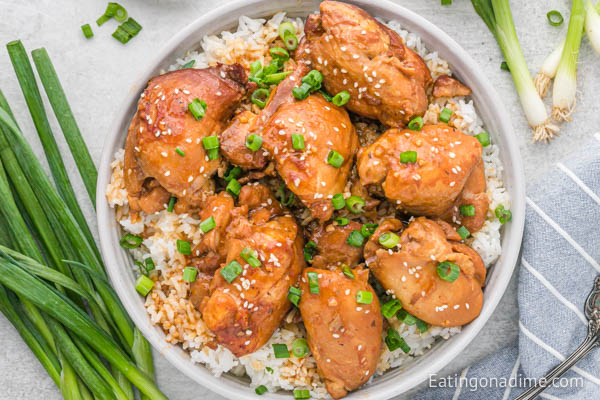 Honey Garlic Chicken Thighs in a bowl on top of rice. 