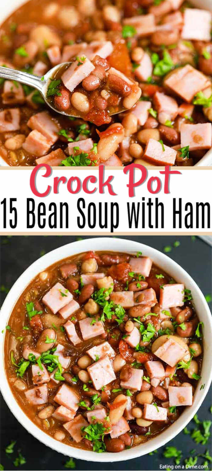 Crock Pot 15 Bean Soup with ham is so frugal and a great way to feed a crowd. The soup is so delicious and packed with flavor that everyone will want more.