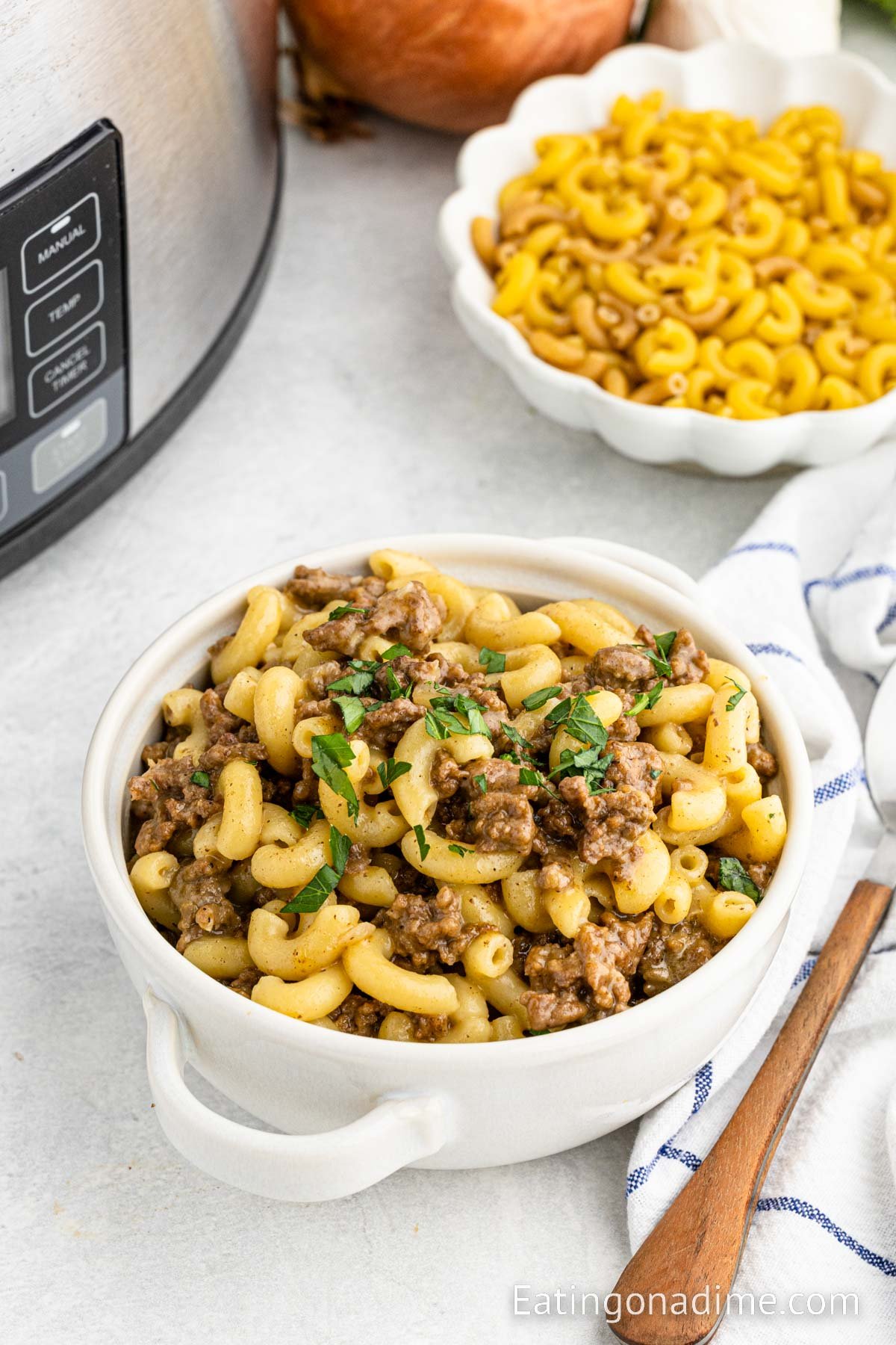 Cheeseburger macaroni in a white bowl