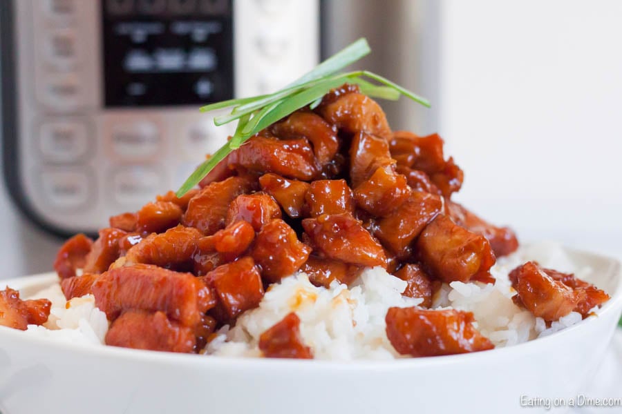 Bourbon Chicken over rice on a plate