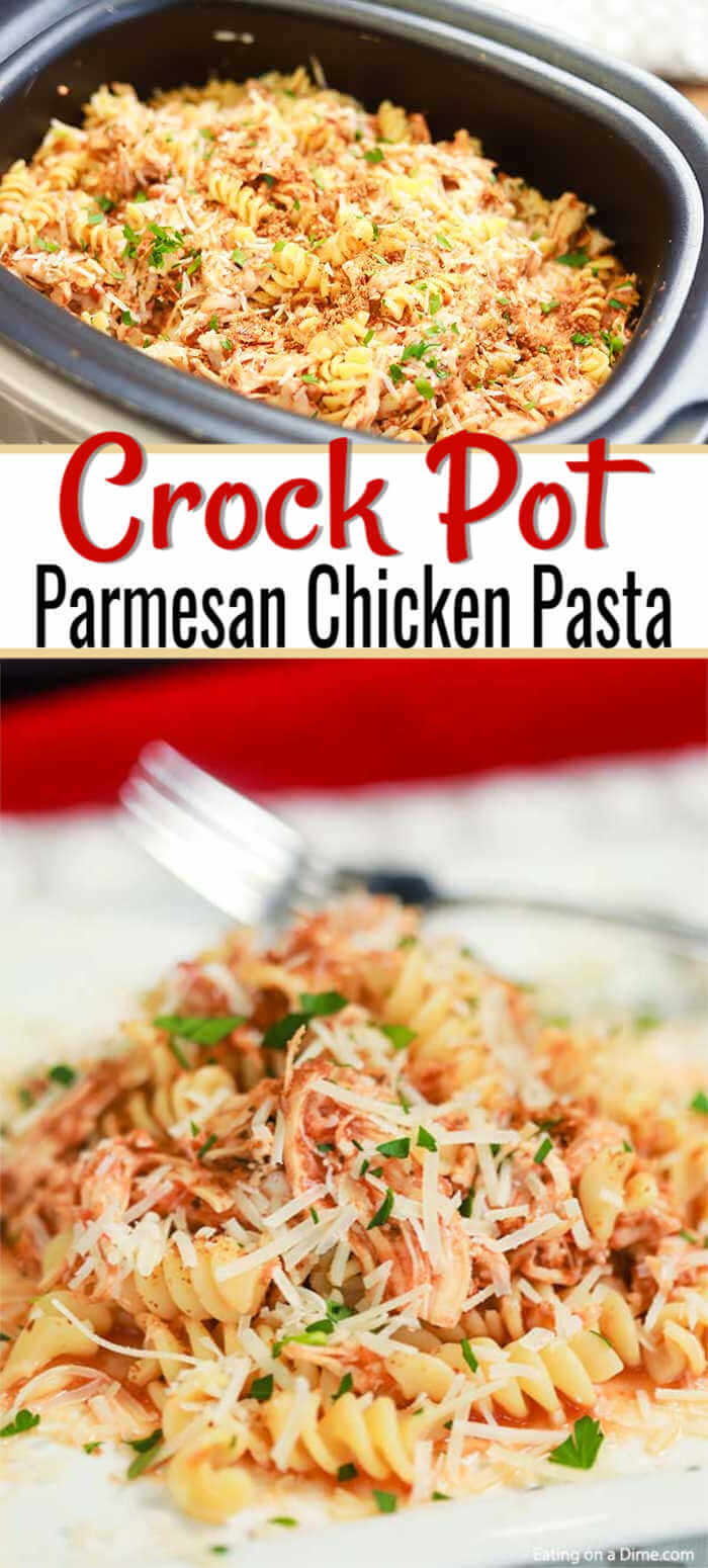 Enjoy Chicken Parmesan Pasta Bake any day of the week thanks to this amazing Crock Pot Chicken Parmesan Pasta Recipe. This is the best one pot meal. 