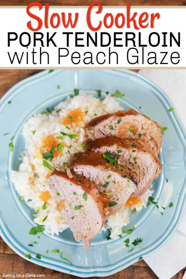 Crock pot pork tenderloin with peaches is the easiest crock pot recipe and so delicious. The pork is so tender and the peach glaze is sweet and savory.