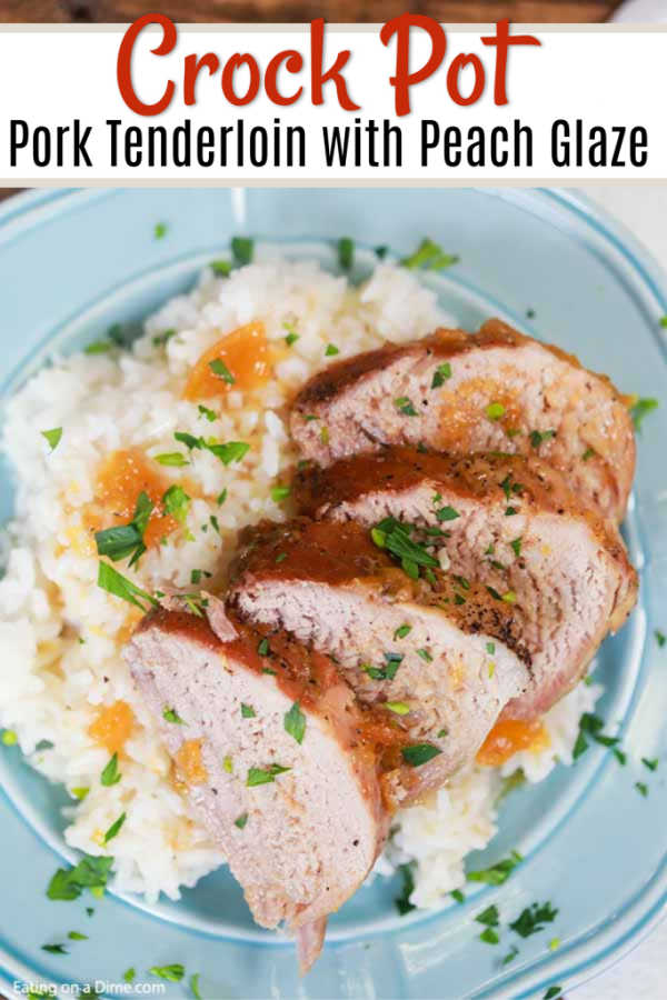 Crock pot pork tenderloin with peaches is the easiest crock pot recipe and so delicious. The pork is so tender and the peach glaze is sweet and savory.