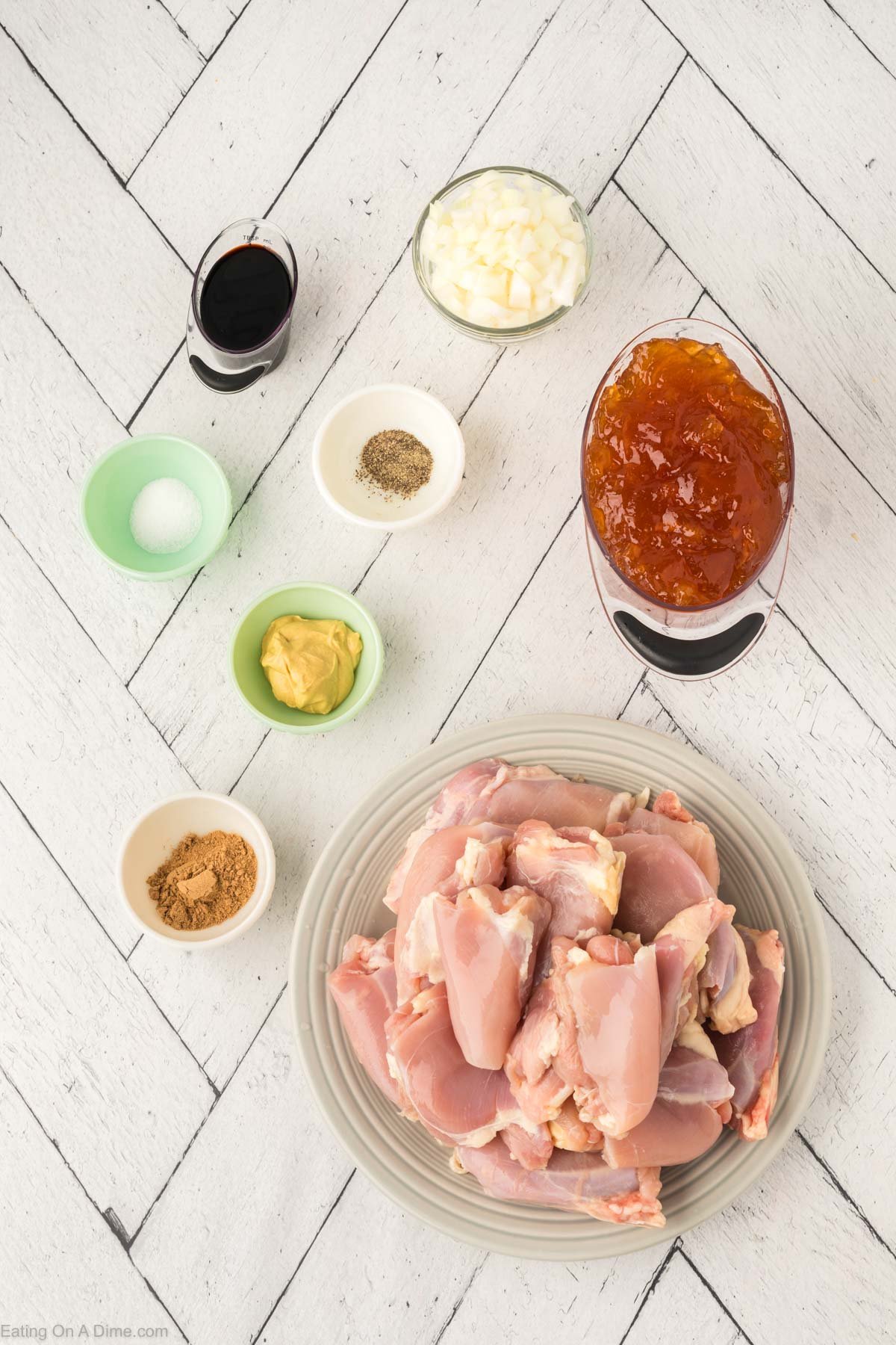 Ingredients needed for apricot chicken - chicken thighs, salt and pepper, onion, apricot, soy sauce, dijon mustard, ginger