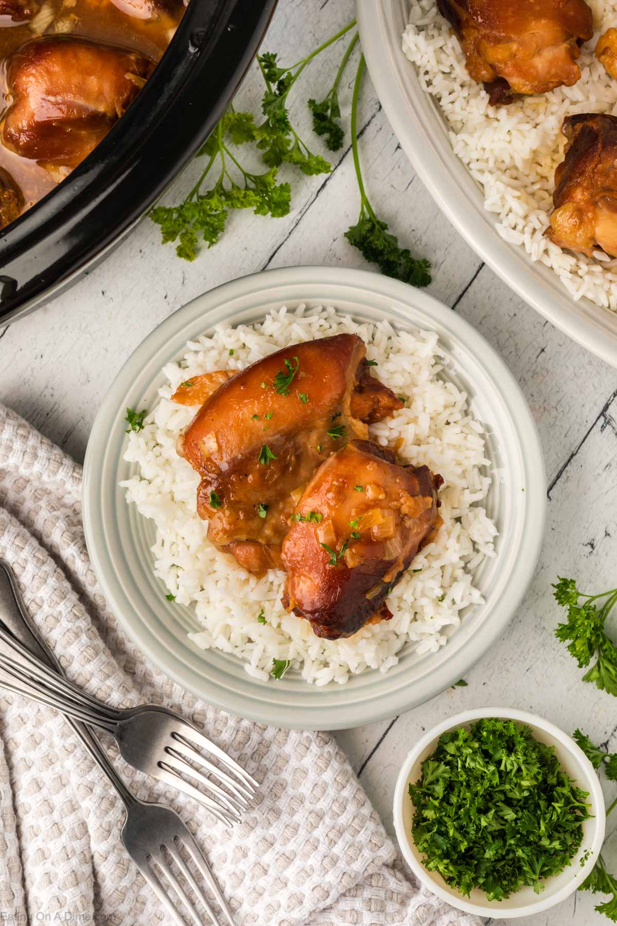 Apricot chicken thighs on white rice on a plate