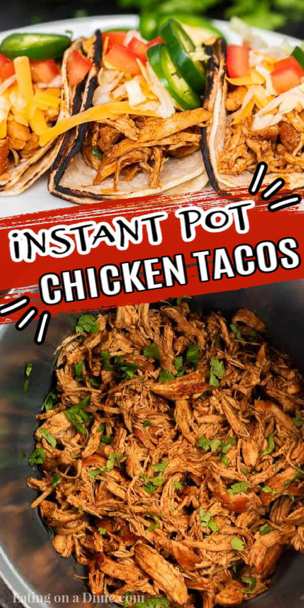 You're going to love this healthy instant pot chicken tacos. This is one of my favorite pressure cooker recipes. This 3 ingredient shredded electric pressure cooker chicken tacos with salsa and taco seasoning is easy to make! You can even make chicken tacos from frozen with this easy recipe that is truly the best! This instant pot recipes easy chicken is perfect for tacos and taco bowls! The entire family will love it! #eatingonadime #instantpotrecipes #pressurecookerrecipes #chickentacos #shreddedchickentacos 