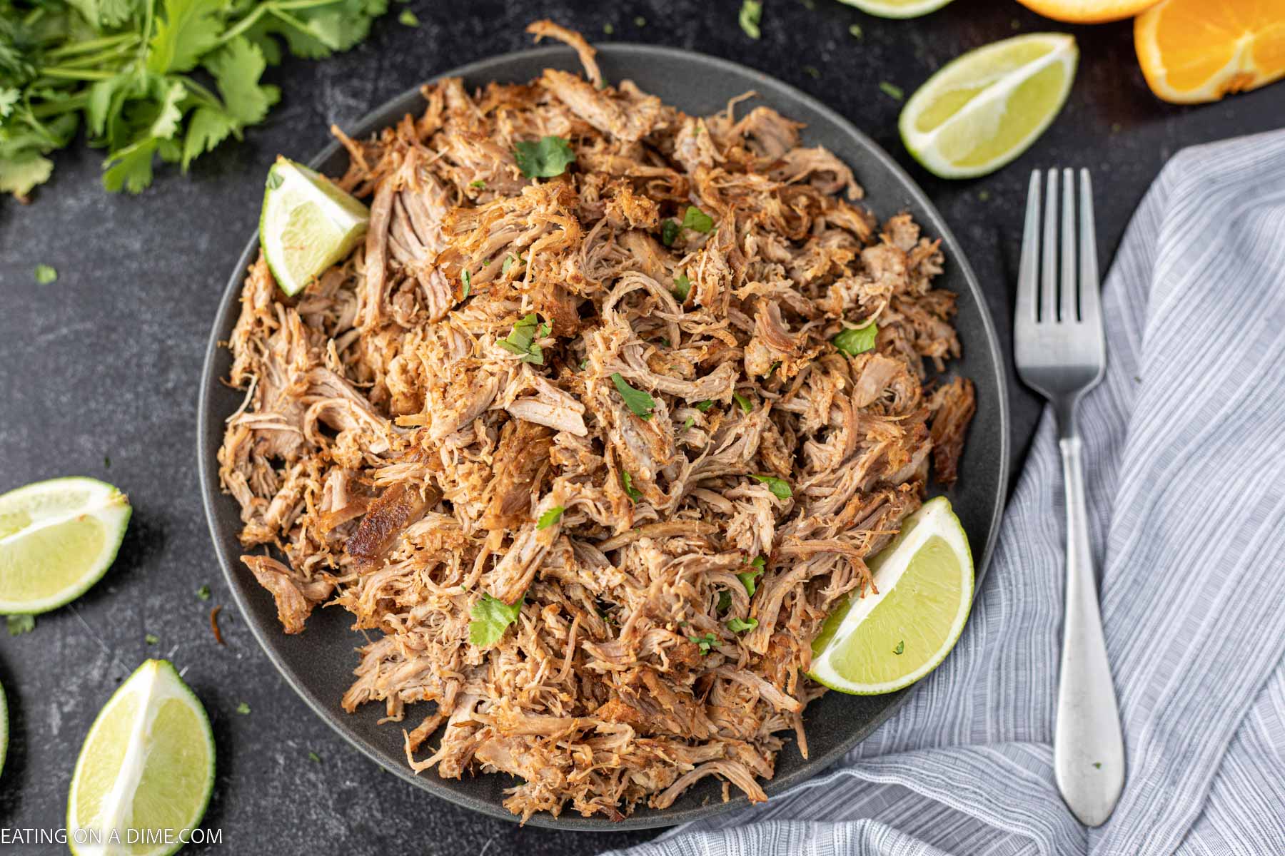 Shredded Pork Carnitas on a plate with fresh lime on the side