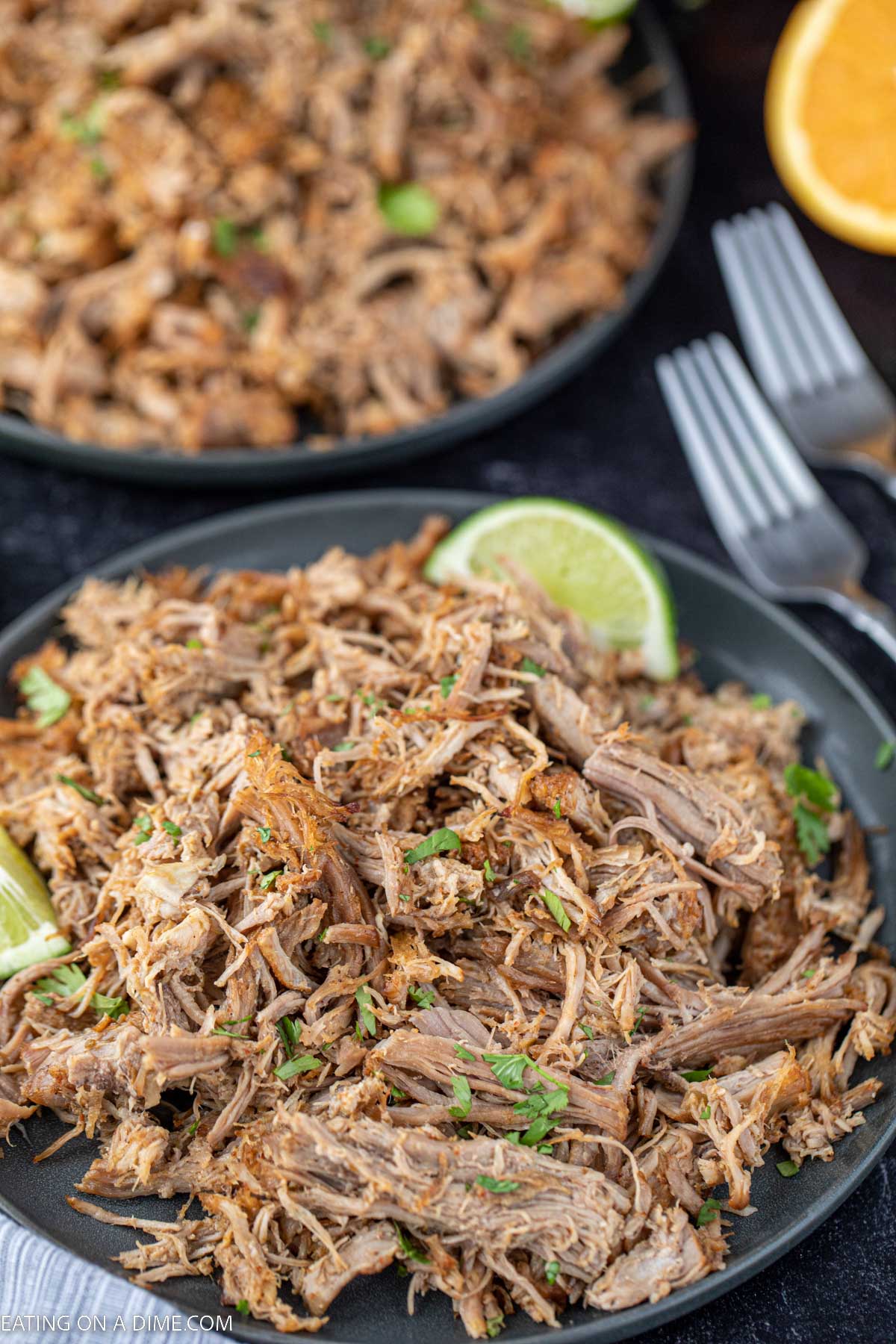 Shredded Pork Carnitas on a plate with fresh lime on the side