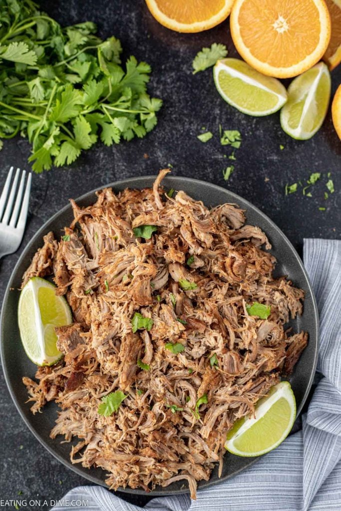 Shredded Pork Carnitas on a plate with fresh lime on the side