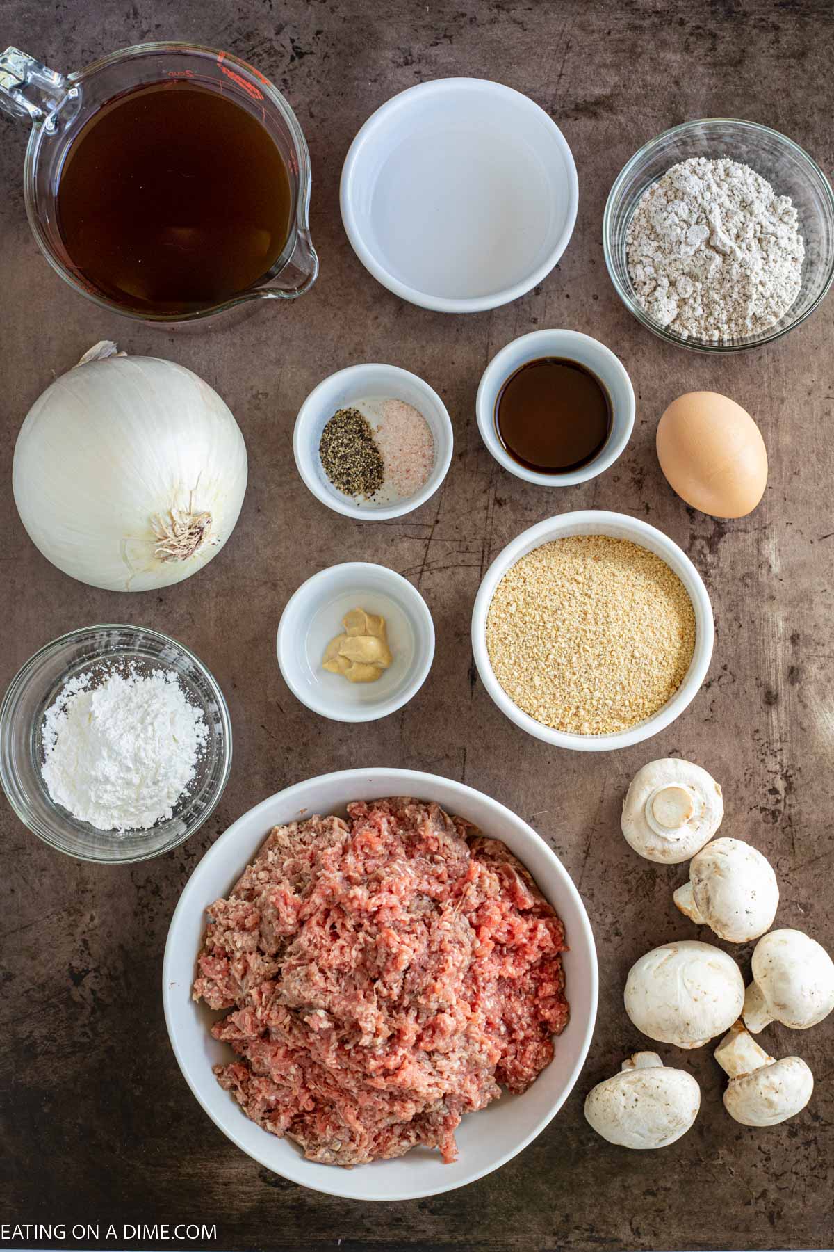 Ingredients needed - ground beef, bread crumbs, egg, salt, pepper, Worcestershire sauce, onion, mushrooms, brown gravy mix, beef broth, dijon mustard, cornstarch, water