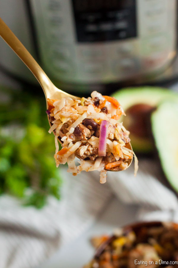 Serve your family this healthy Instant pot southwest egg roll in a bowl. This easy recipe has all that you love about egg rolls without all the unhealthy stuff. You can use ground turkey or ground beef for the best recipe and a coleslaw bag makes it quick. #eatingonadime #southwesteggrollinabowl #instapot