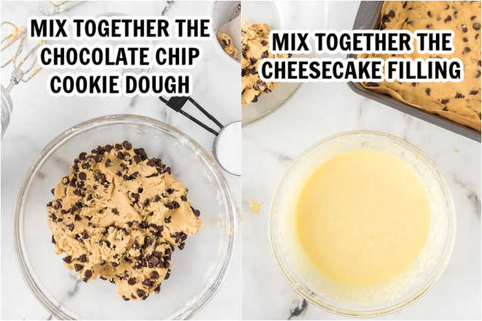 Close up image of chocolate chip cookie dough in a bowl and a bowl of cheesecake filling. 