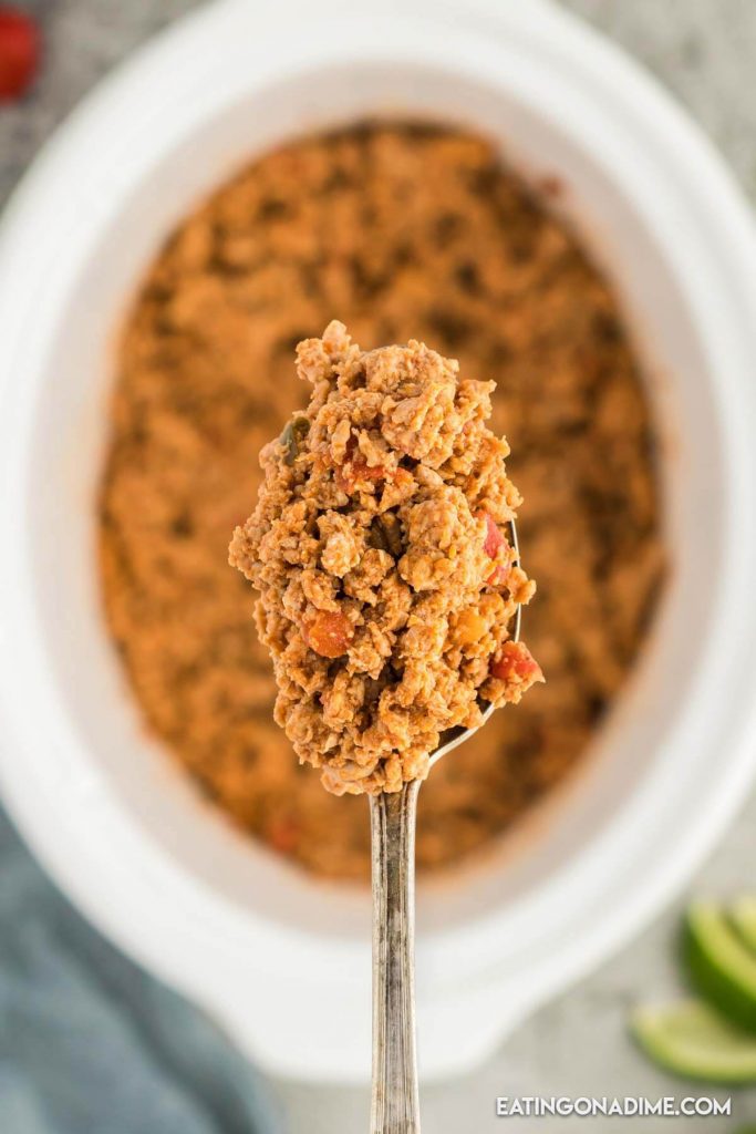 A serving of ground chicken meat over the crock pot on a spoon
