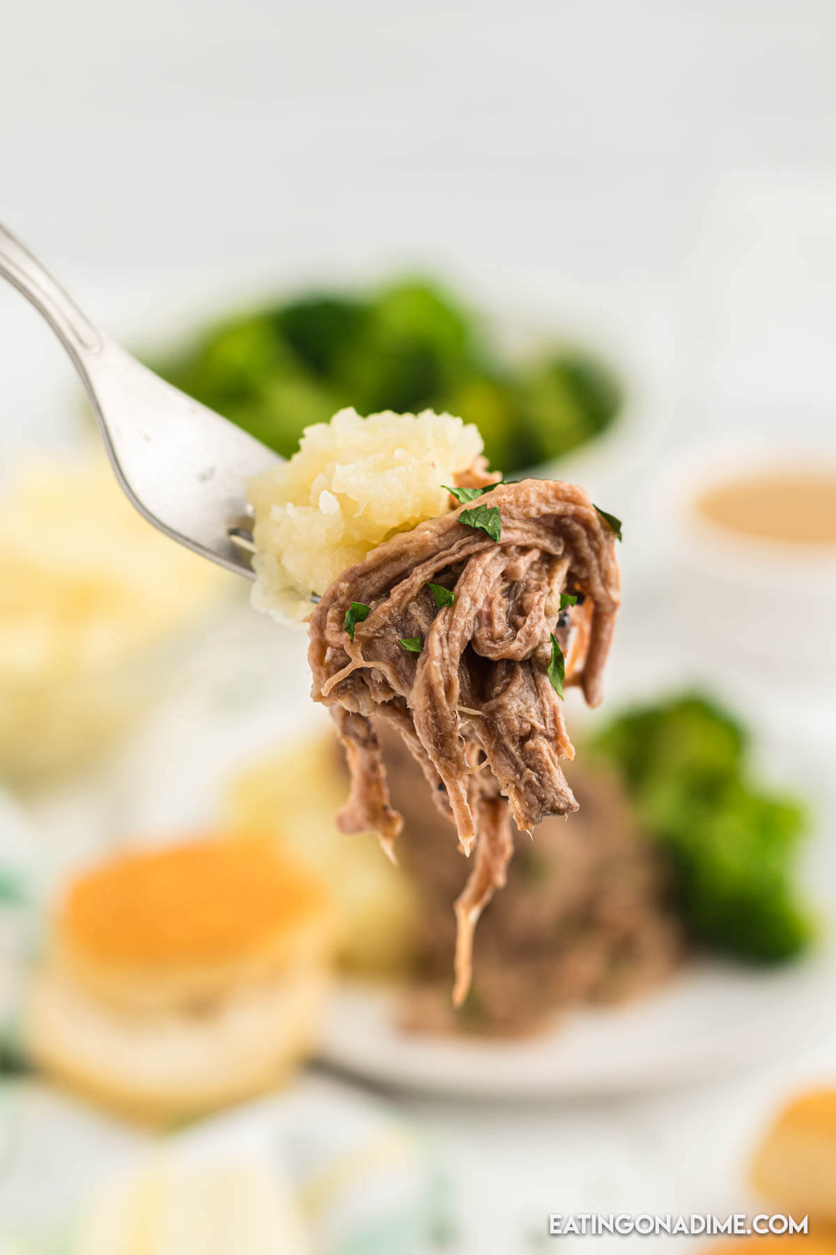 A serving of shredded beef and mashed potatoes on a fork