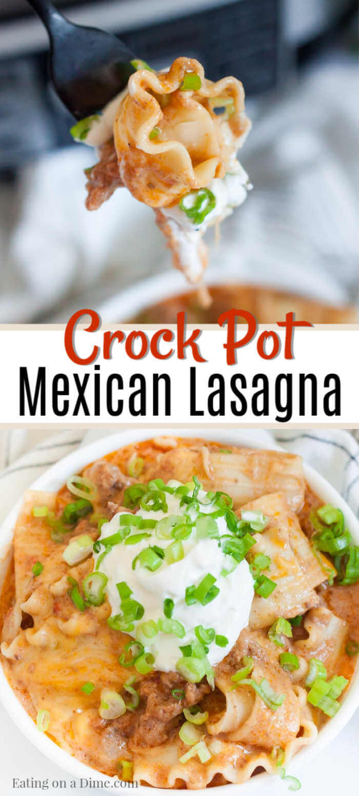 Crock Pot Mexican Lasagna Recipe has layers of delicious cheese, refried beans, beef and more for the best dinner. Let the crockpot do all the work! 