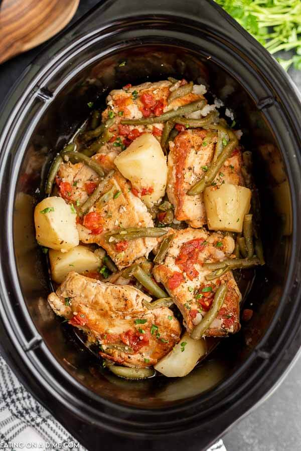 Italian Pork Chops with green beans and potatoes in a crock pot