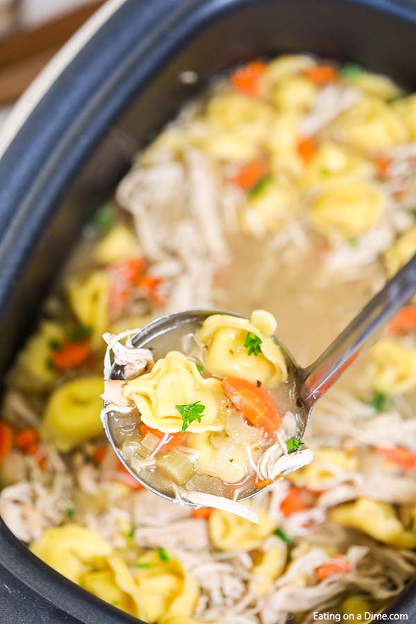 A ladle full of chicken tortellini soup scooping out a serving from the crock pot. 