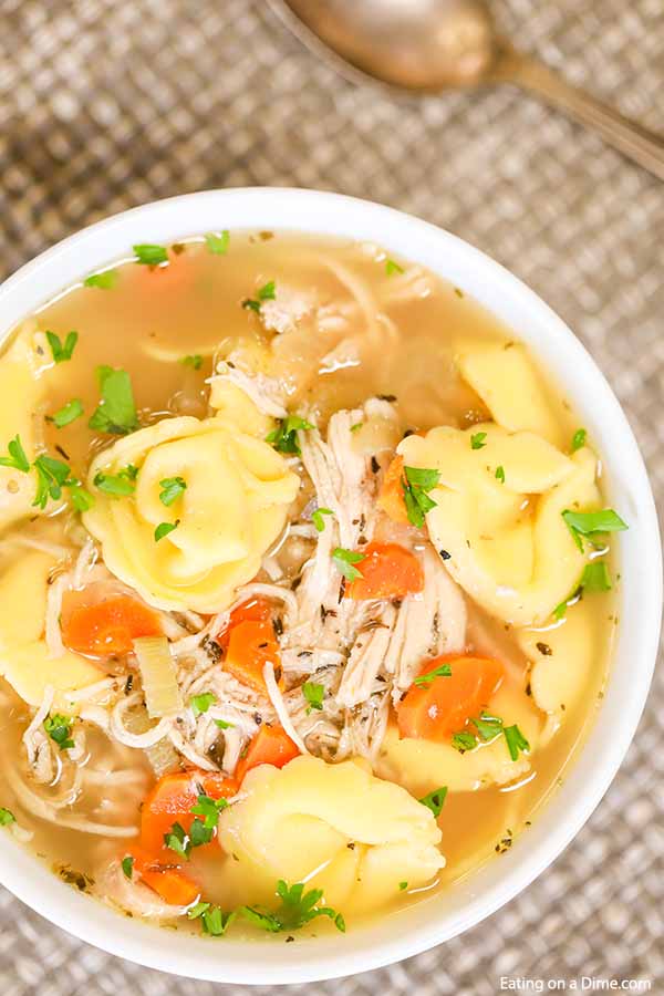 A bowl of Chicken Tortellini soup topped with fresh parsley. 