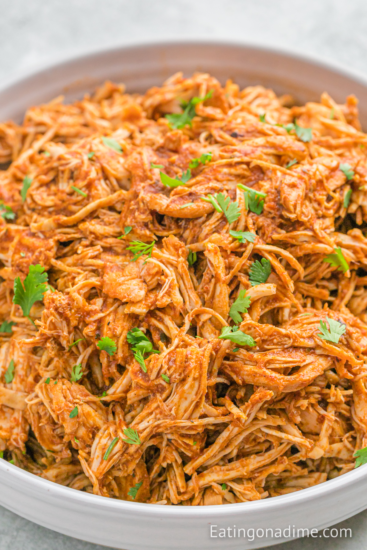 Chipotle shredded chicken topped with cilantro on a platter