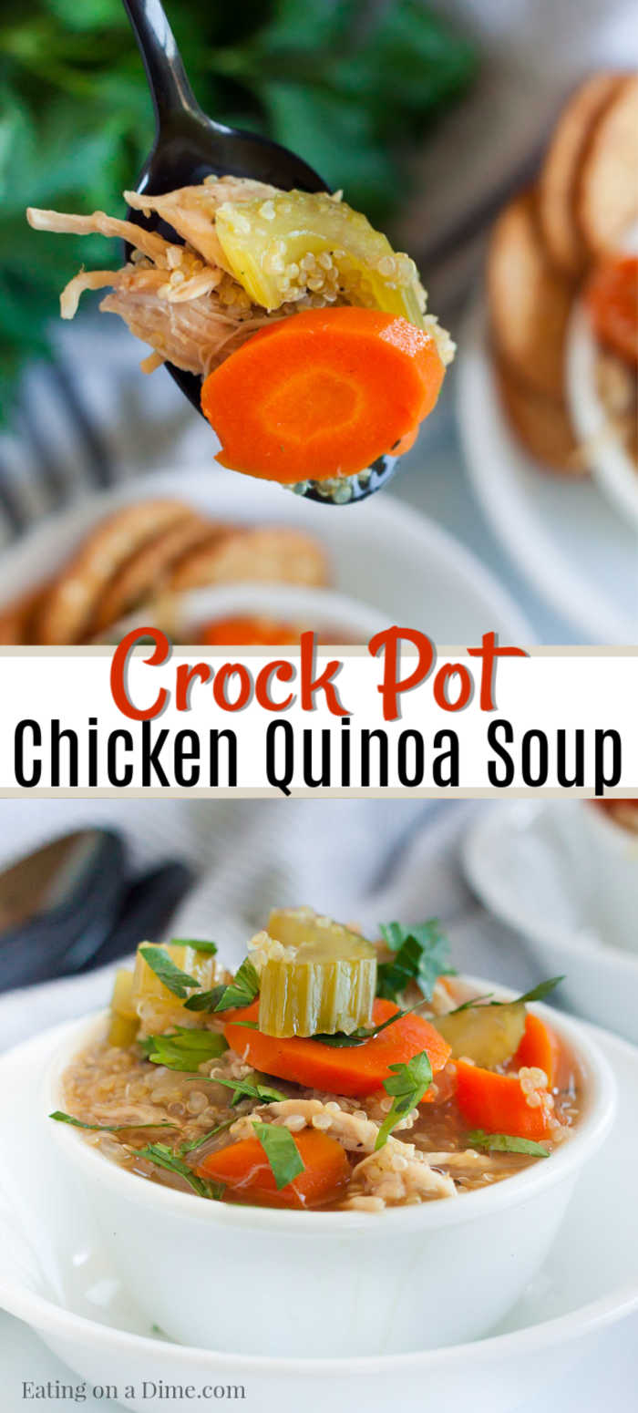 We love one pot meals and this Crock pot chicken quinoa soup recipe does not disappoint. It's full of tasty chicken, veggies and quinoa for a great meal.