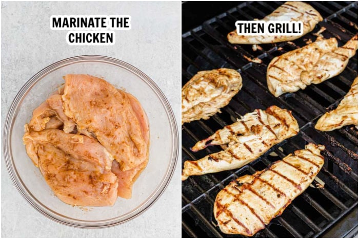 The process of marinating chicken and grilling it