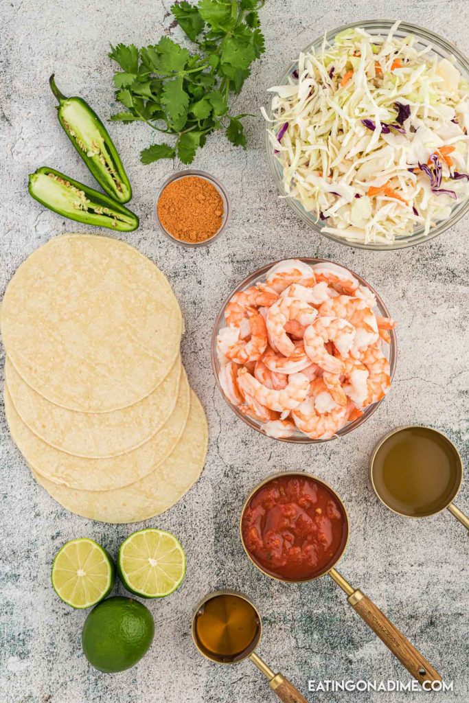 Ingredients needed - precooked shrimp, taco seasoning, salsa, chicken broth, corn tortillas, cole slaw mix, jalapeno, cilantro, honey,, lime juice salt and pepper