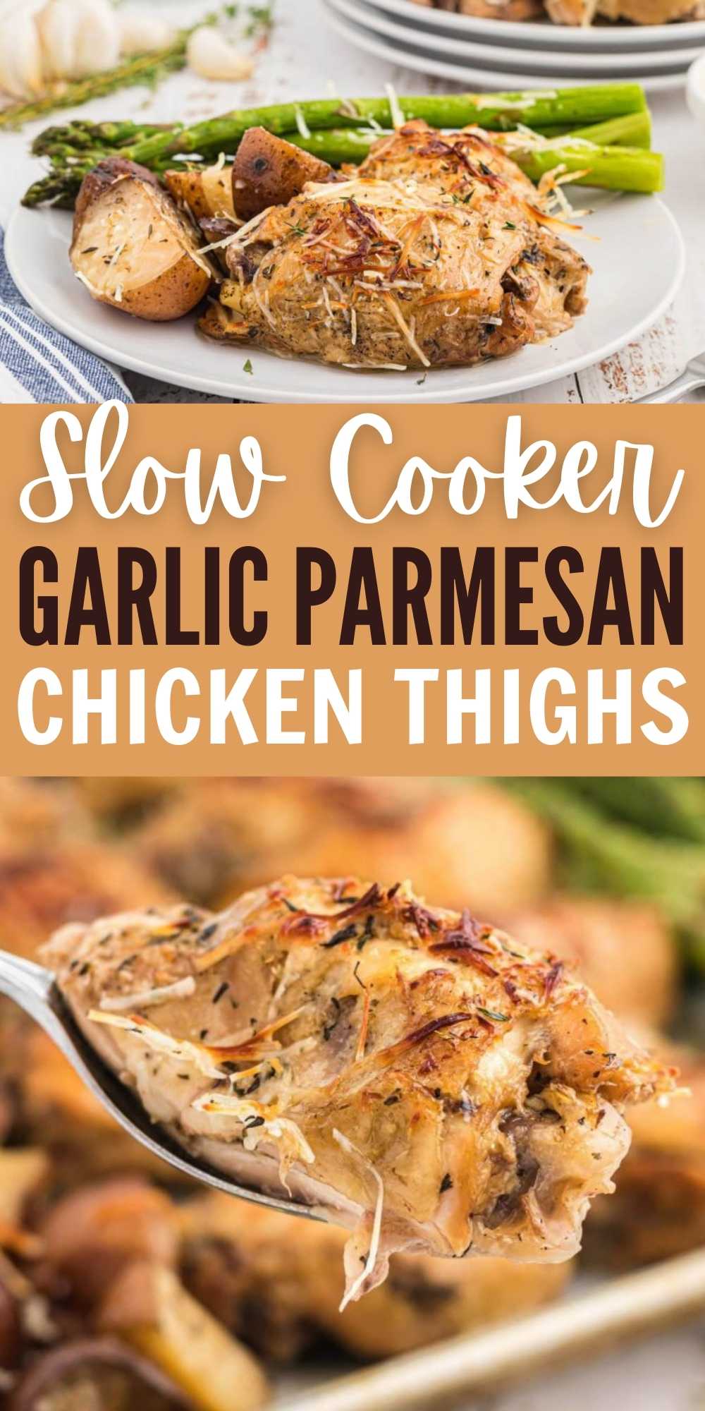 Make Slow Cooker Garlic Parmesan Chicken Thighs Dinner for a meal your family will love. Crockpot garlic chicken thighs and potatoes is an easy meal idea. #eatingonadime #slowcooker #garlicchickenthighs #parmesanchickenthighs