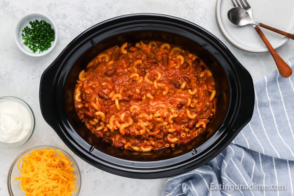 Chili mac and cheese in a slow cooker