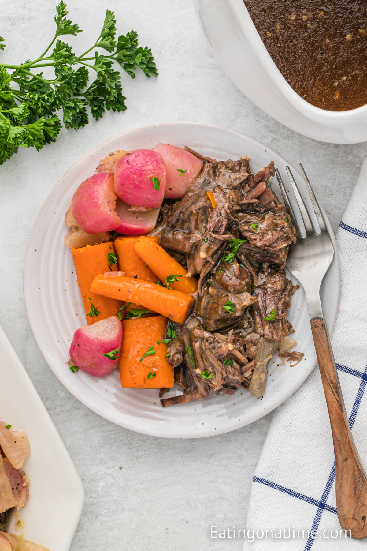 Pot Roast on a plate with carrots and radishes and onions