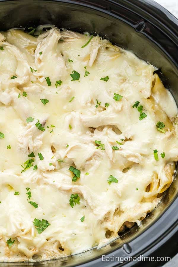 Close up image of Chicken Alfredo Casserole in the crock pot