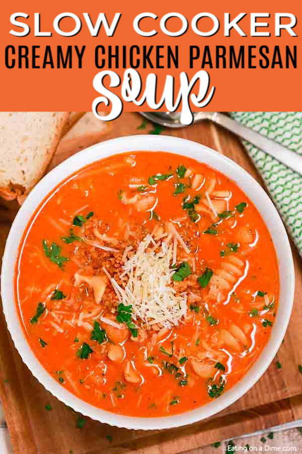 Enjoy everything you love about Chicken Parm in this easy Crock Pot Creamy Chicken Parmesan Soup Recipe. Each bite is loaded with flavor and easy to make. 