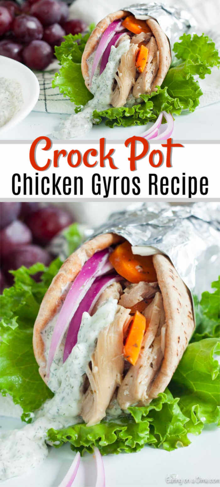 Crock pot chicken gyros recipe has a delicious tzatziki sauce and tons of tender chicken. This is an easy meal packed with flavor.