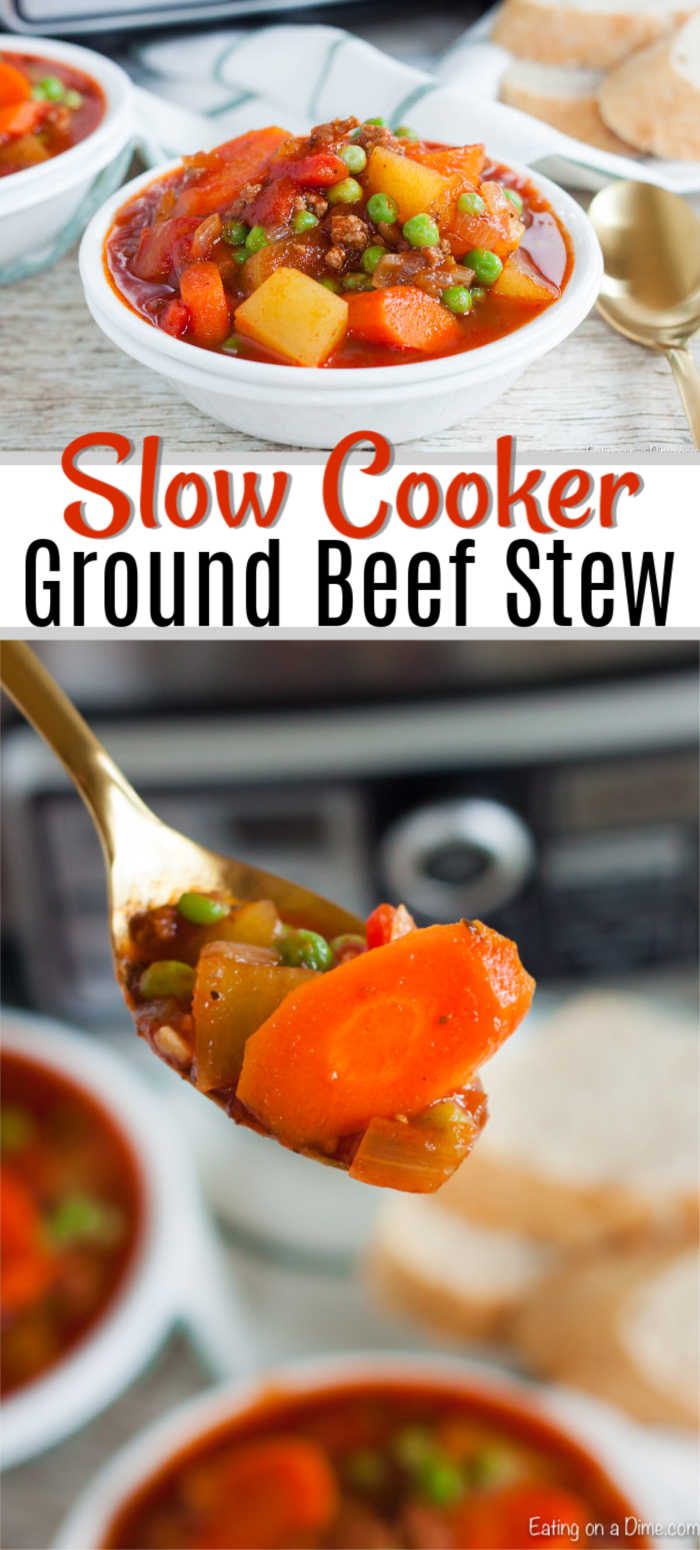 Crock Pot Ground Beef Stew Recipe is hearty and delicious while being so easy. Switch things up from traditional stew and make this tasty ground beef stew. We love stew recipes and this is a nice change from recipes we normally make. #eatingonadime #groundbeefstew #slowcookerstewrecipes