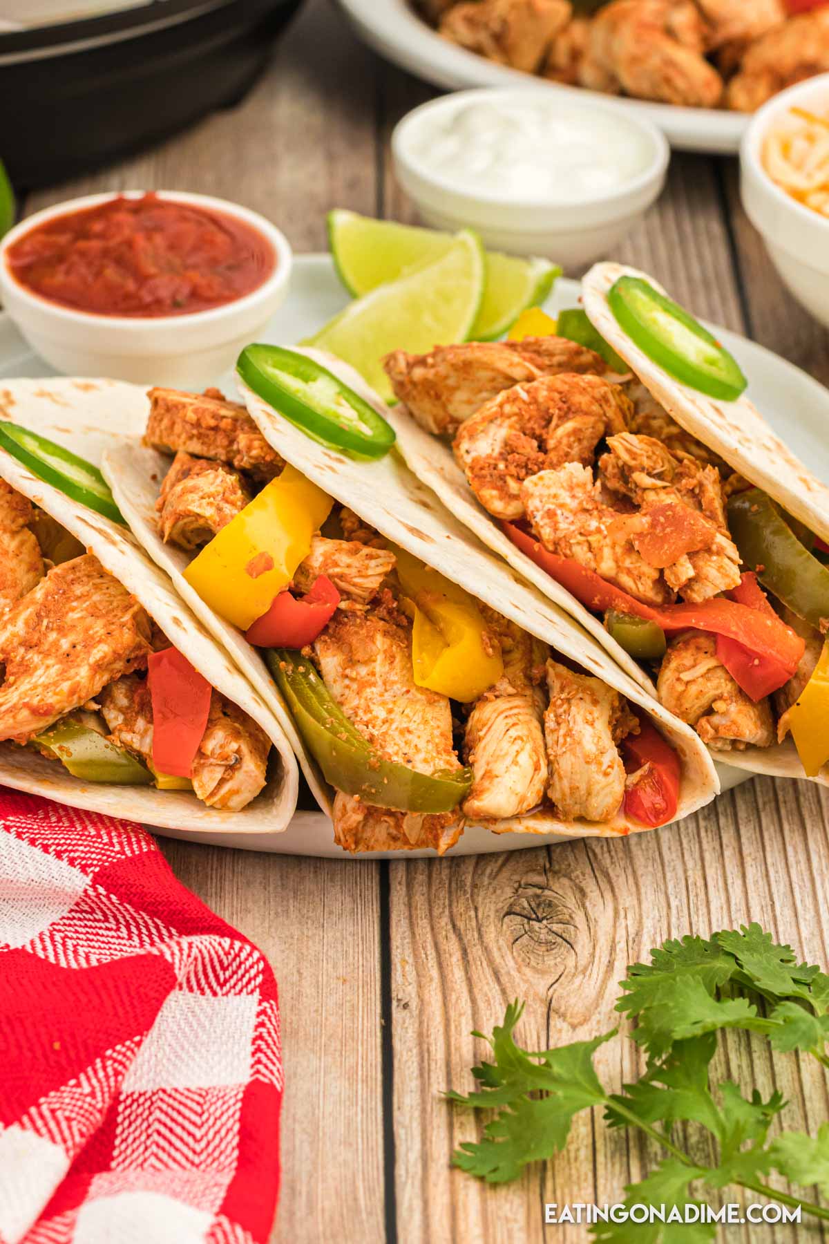 Close up image of chicken fajita with peppers on a white plate