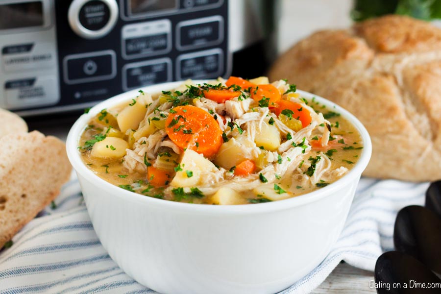Come home to the best comfort food when you make this easy and healthy Crock pot chicken stew recipe. Each bite of chicken, potatoes and vegetables make this a delicious and simple meal in the slow cooker. Crockpot meals make dinner a breeze. #eatingonadime #crockpotchickenstewrecipe #slowcookereasyrecipes #glutenfree
