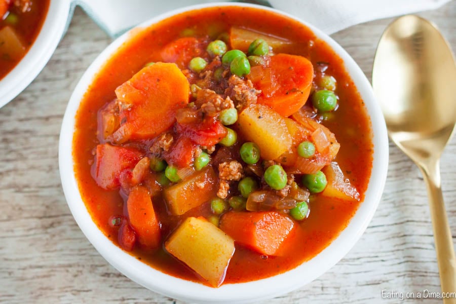 Ground Beef Stew in a white bowl