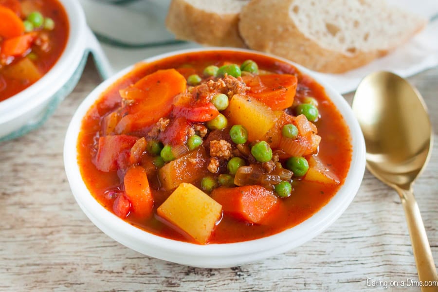 Ground Beef Stew in a white bowl