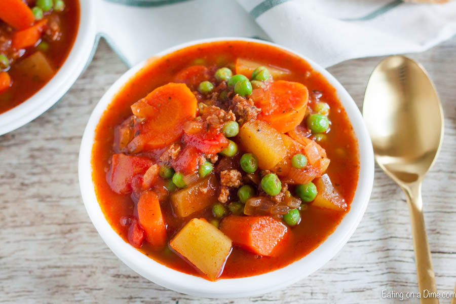 Ground Beef Stew in a white bowl